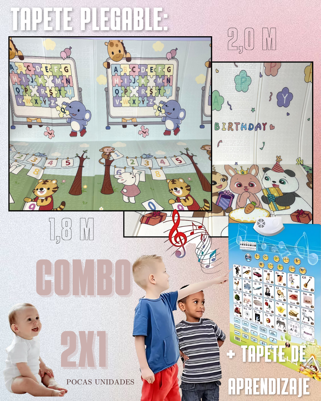 COMBO 2x1 - TAPETE DE GATEO 1,8m X 2m + TABLERO DE APRENDIZAJE