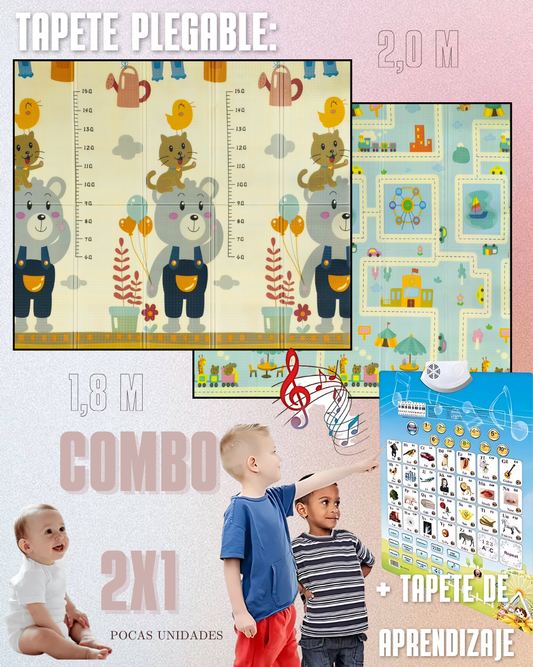 COMBO 2x1 - LLEVA 1 TAPETE DE GATEO 1,8m X 2m + 1 TABLERO DE APRENDIZAJE