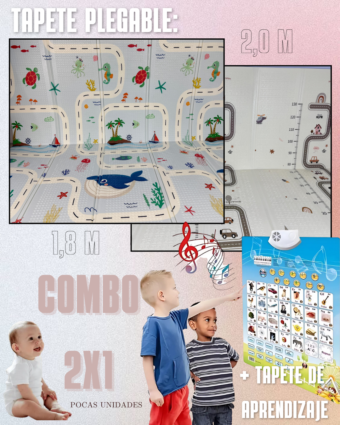 COMBO 2x1 - TAPETE DE GATEO 1,8m X 2m + TABLERO DE APRENDIZAJE