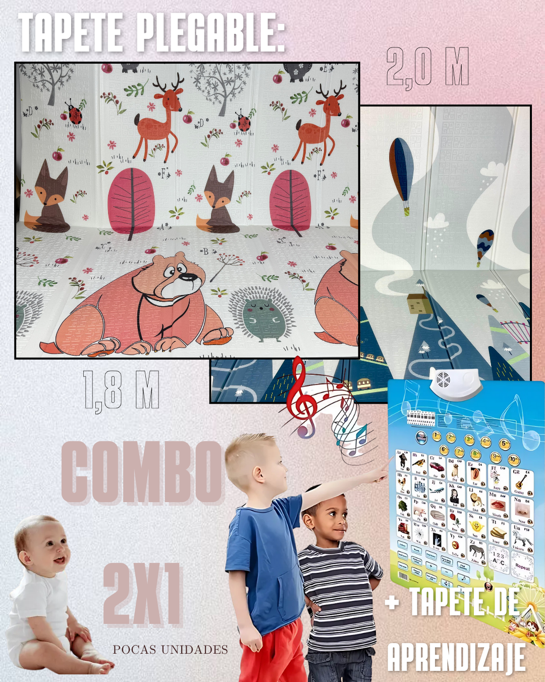 COMBO 2x1 - TAPETE DE GATEO 1,8m X 2m + TABLERO DE APRENDIZAJE