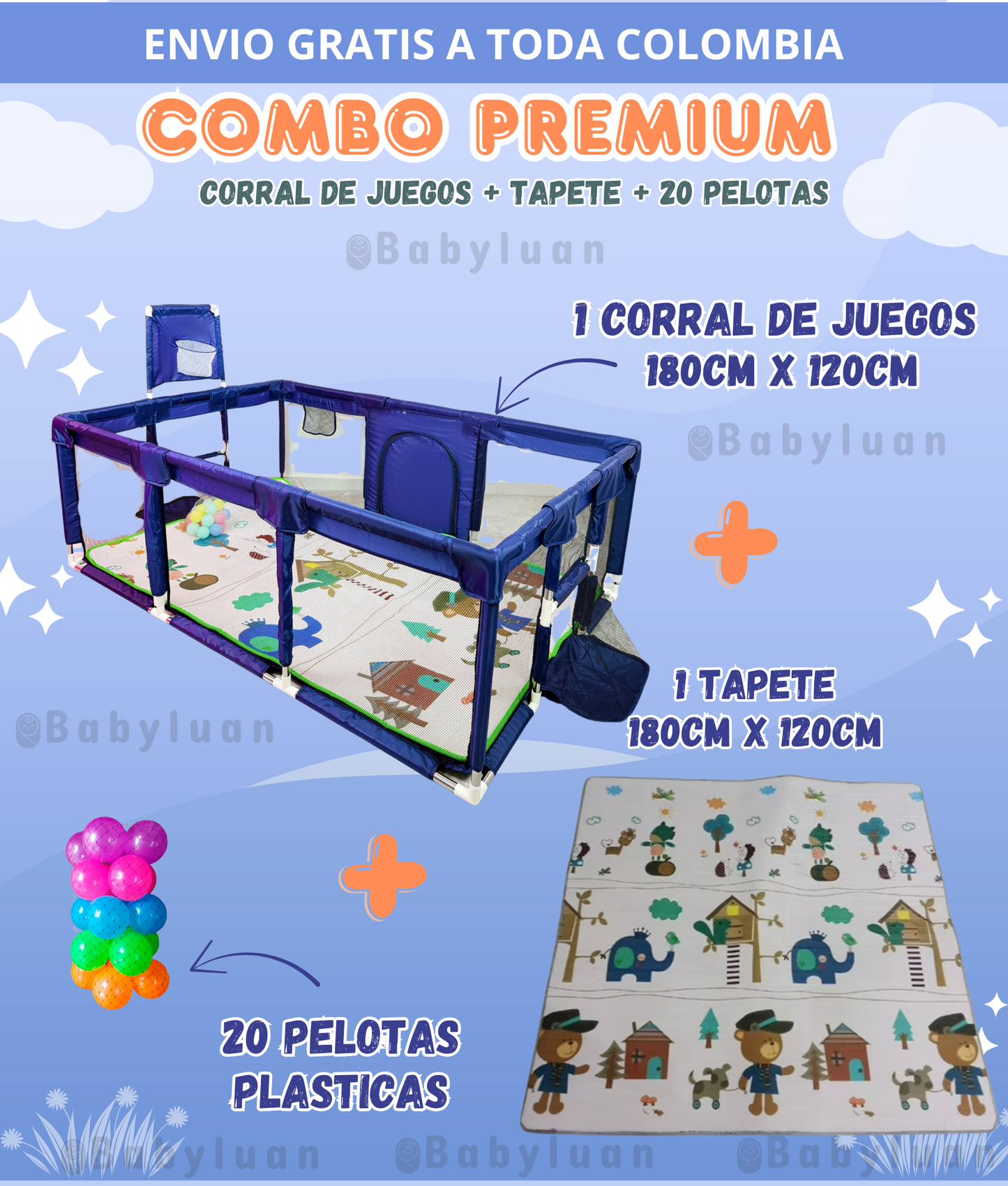 👶COMBO 3X1 PREMIUM, CORRAL DE JUEGOS + TAPETE PLEGABLE + PELOTAS🎉🌈