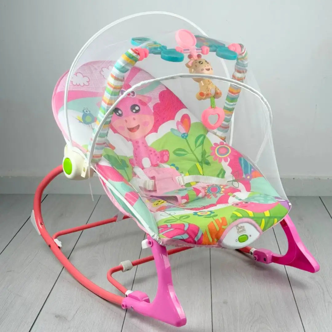 SILLA ROCKER VIBRADORA MECEDORA JIRAFA ROSADA (Incluye toldillo o mosquitero)