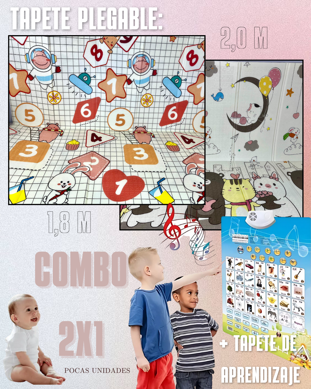 COMBO 2x1 - TAPETE DE GATEO 1,8m X 2m + TABLERO DE APRENDIZAJE