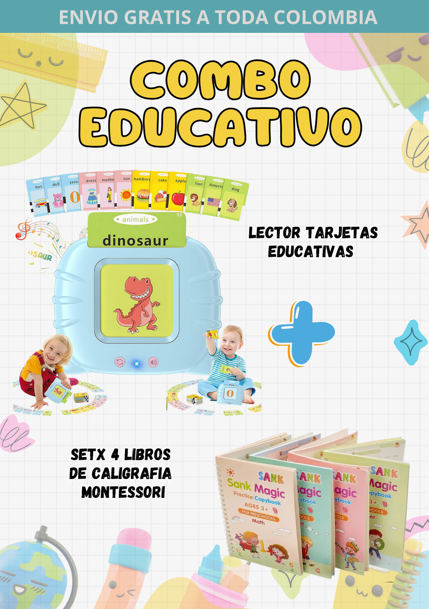 📚✍️COMBO EDUCATIVO LECTOR DE TARJETAS BILINGUE + SET X4 LIBROS MONTESSORI📚✍️