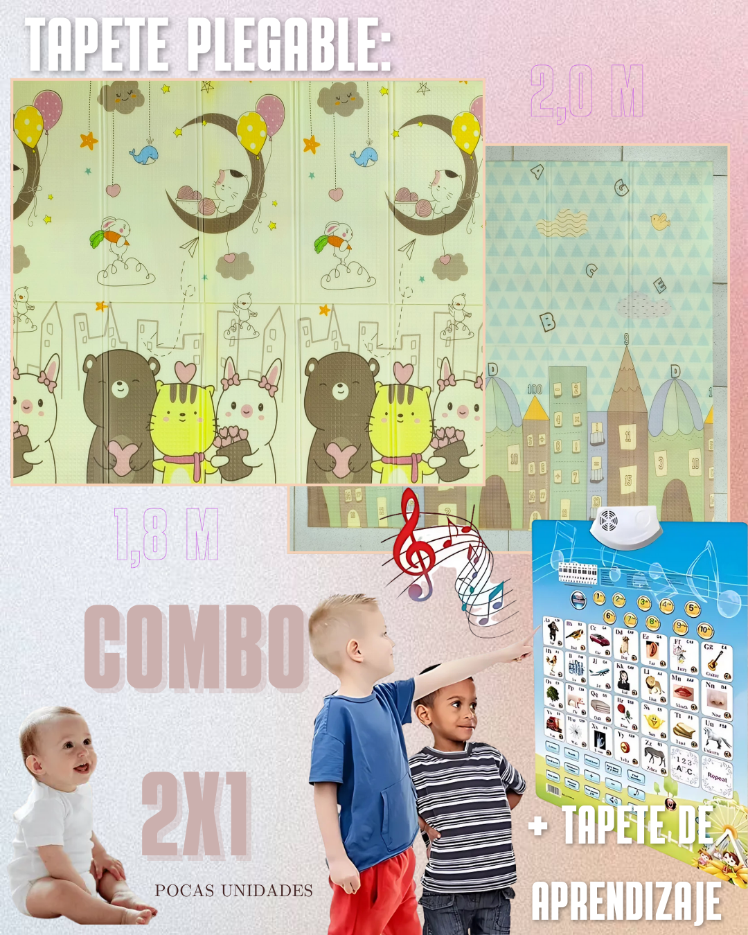 COMBO 2x1 - LLEVA 1 TAPETE DE GATEO 1,8m X 2m + 1 TABLERO DE APRENDIZAJE